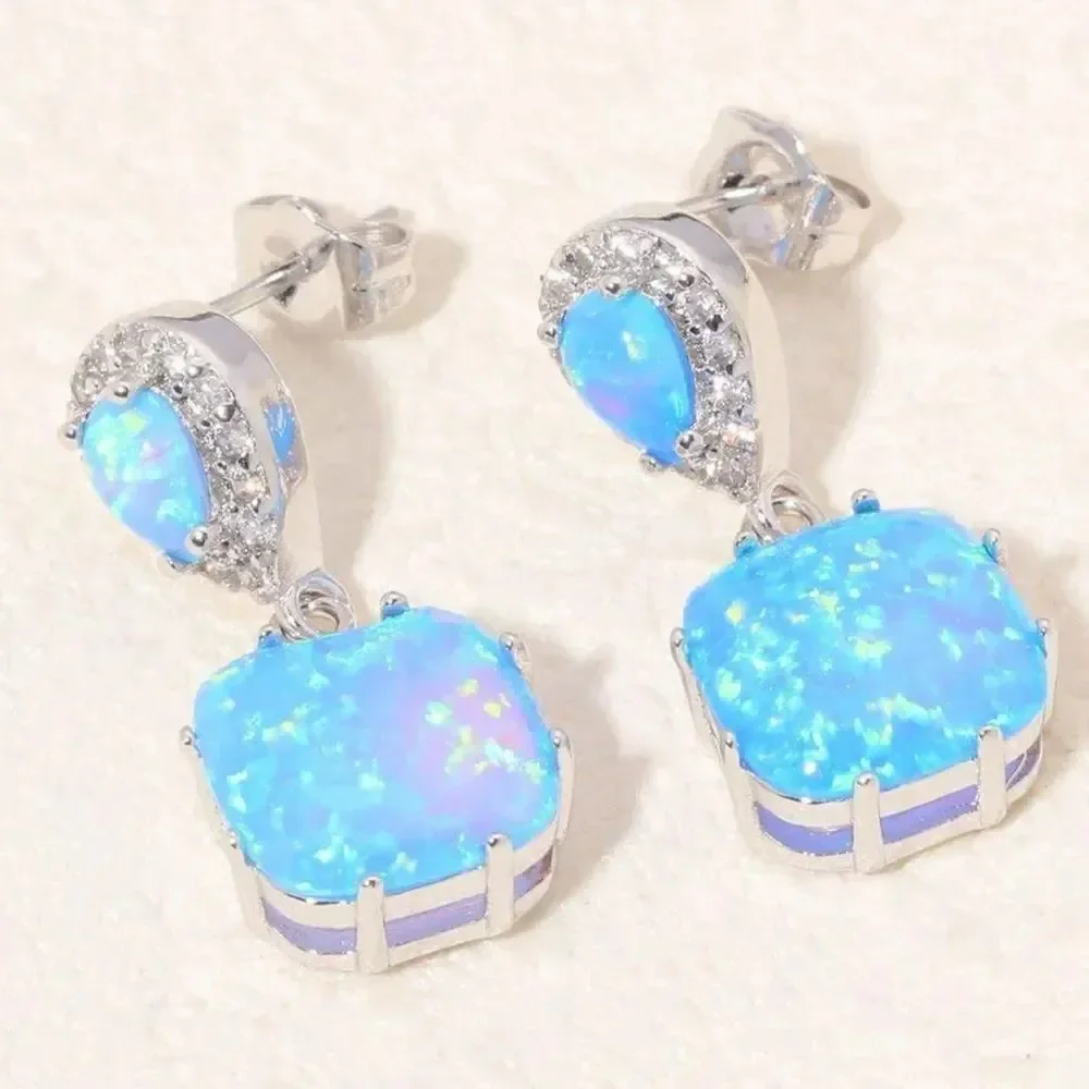14K White Gold with Genuine Blue Fire Opal and Diamond CZ Post Back Earrings